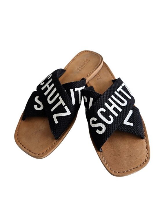 SCHUTZ Shoes - SCHUTZ Black and White Crossband Logo Slide Sandals